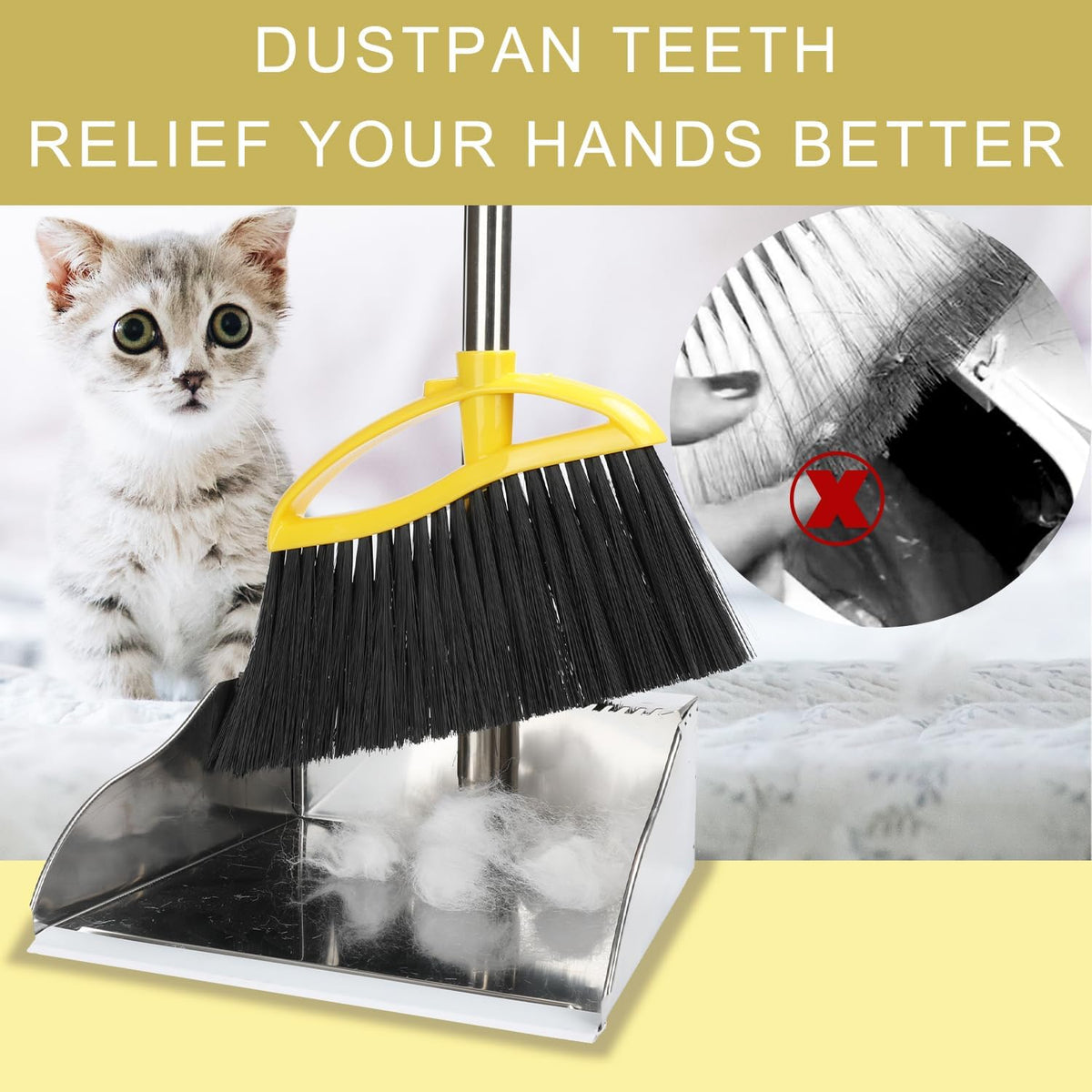 Broom and Stainless Steel Dustpan Set for Home,Metal Dust Pan and Soft Bristles Indoor Kitchen