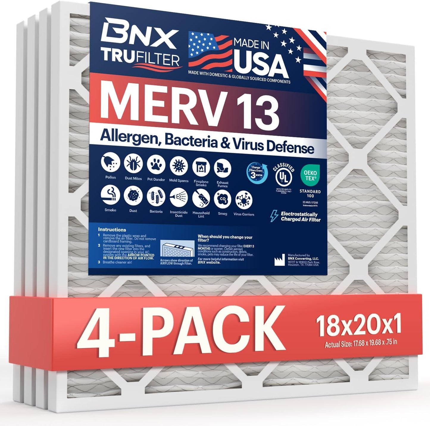 BNX TruFilter 18x20x1 Air Filter MERV 13 (4-Pack) - MADE IN USA - Electrostatic Pleated Air