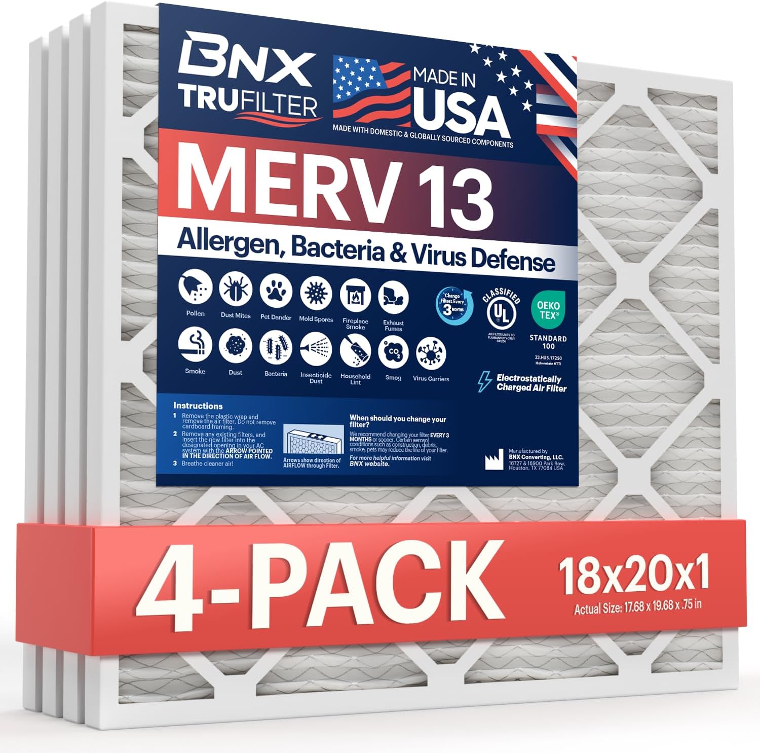 BNX TruFilter 18x20x1 Air Filter MERV 13 (4-Pack) - MADE IN USA - Electrostatic Pleated Air