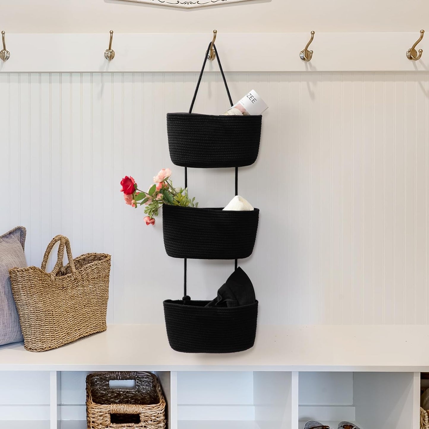 TeoKJ Over the Door Organizer, 3-Tier Woven Cotton Hanging Kitchen Baskets Storage Organizer Bag