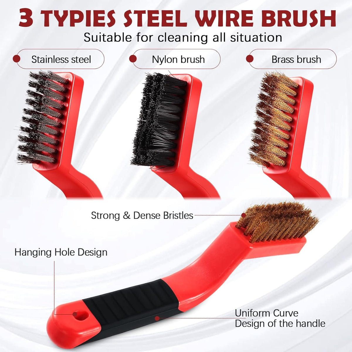 Sumind 30 Pcs Wire Cleaning Brush Set Nylon/ Stainless Steel/ Brass Metal Brush with Curved Handle