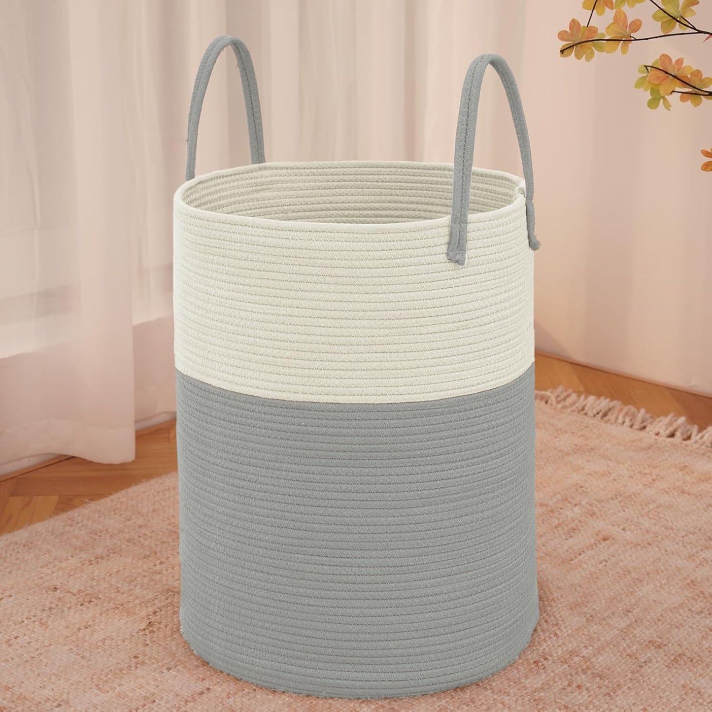 Large Woven Laundry Basket Hamper,60L Cotton Rope Storage Bin for Blankets,Toys and