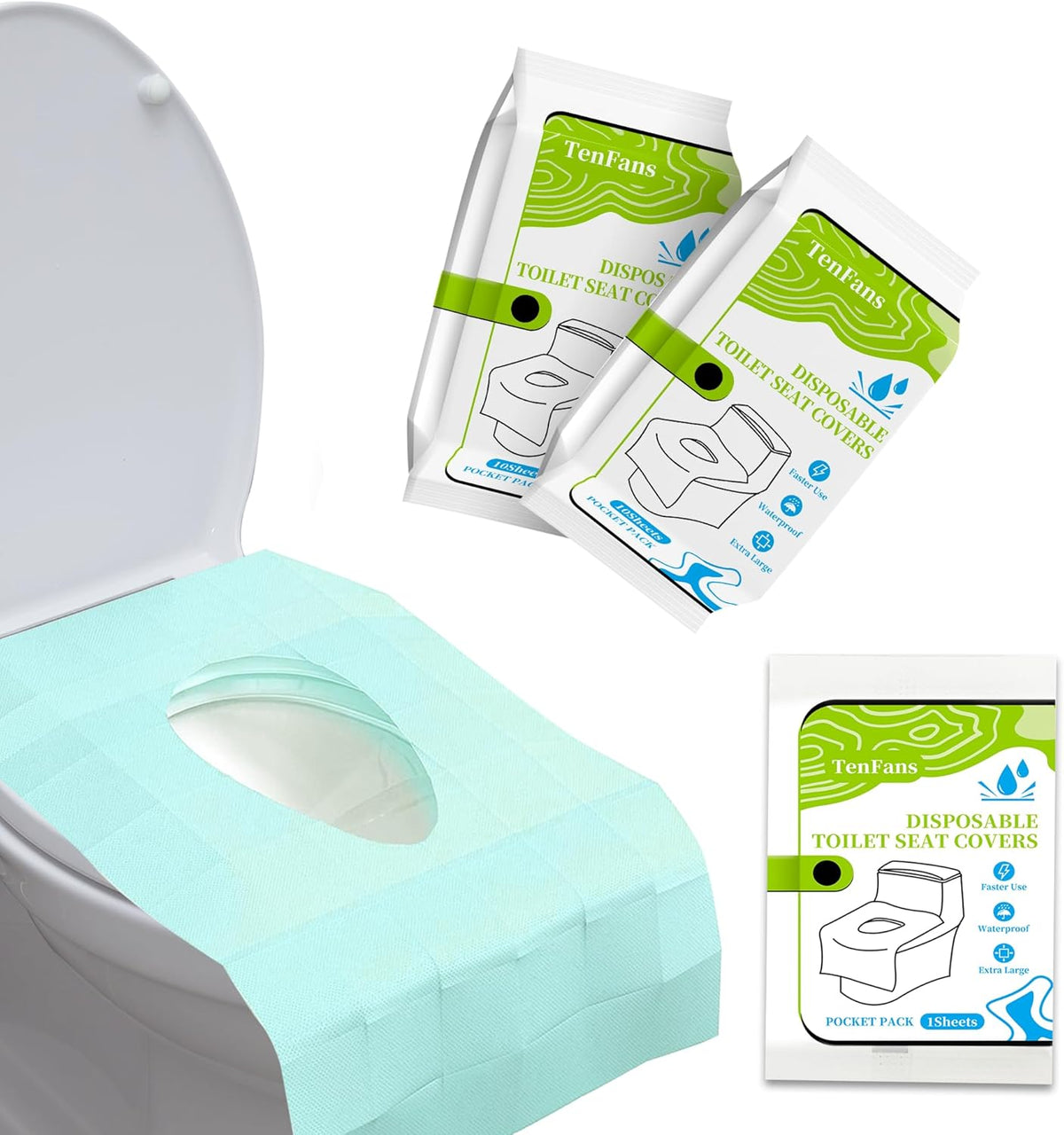 TenFans Toilet Seat Covers Disposable - 20 Count Individually Travel Pack - Sticker Free Faster Use
