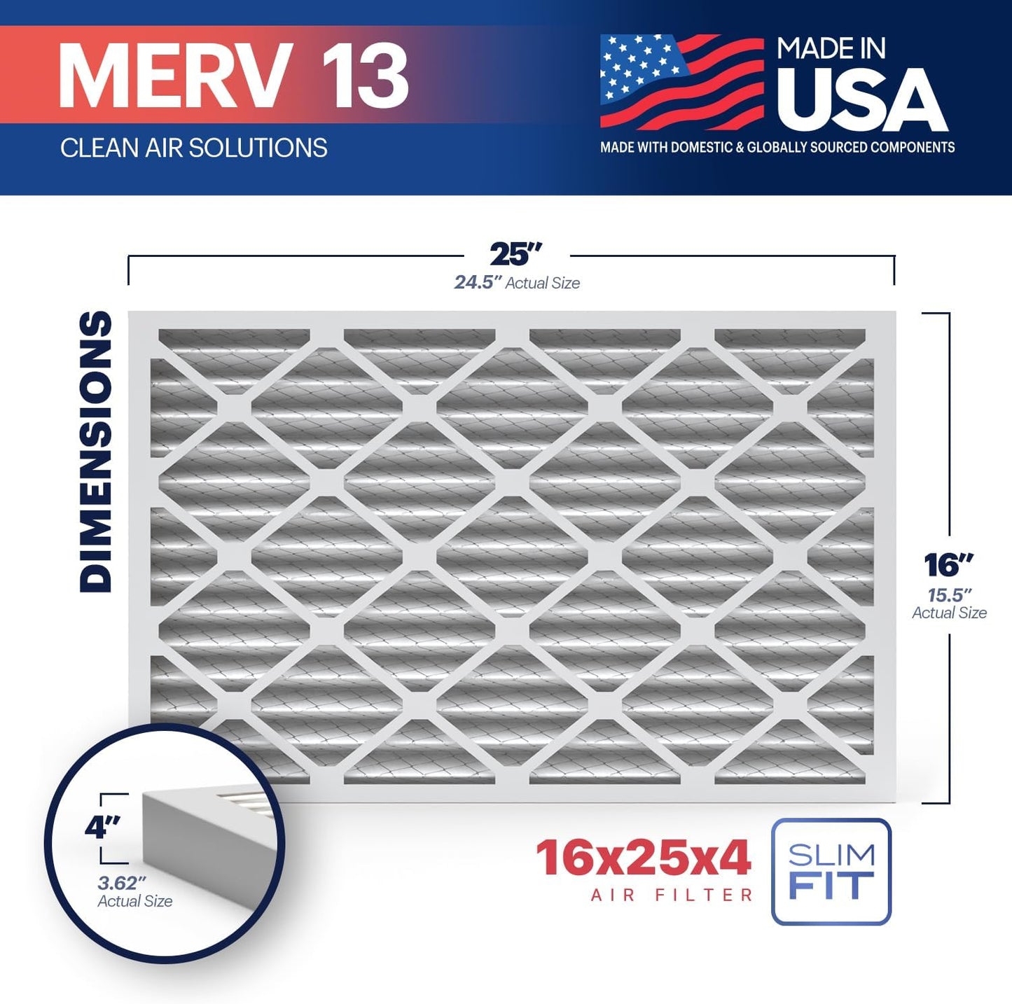 BNX TruFilter 16x25x4 (15.5’’ x 24.5’’ x 3.63‘’ Slim Fit) MERV 13 Air Filter (2-Pack) - MADE IN USA