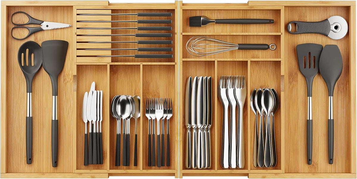 BAMEOS Expandable Silverware Drawer Organizer with Removable Knife Blocks, Bamboo Kitchen Utensil