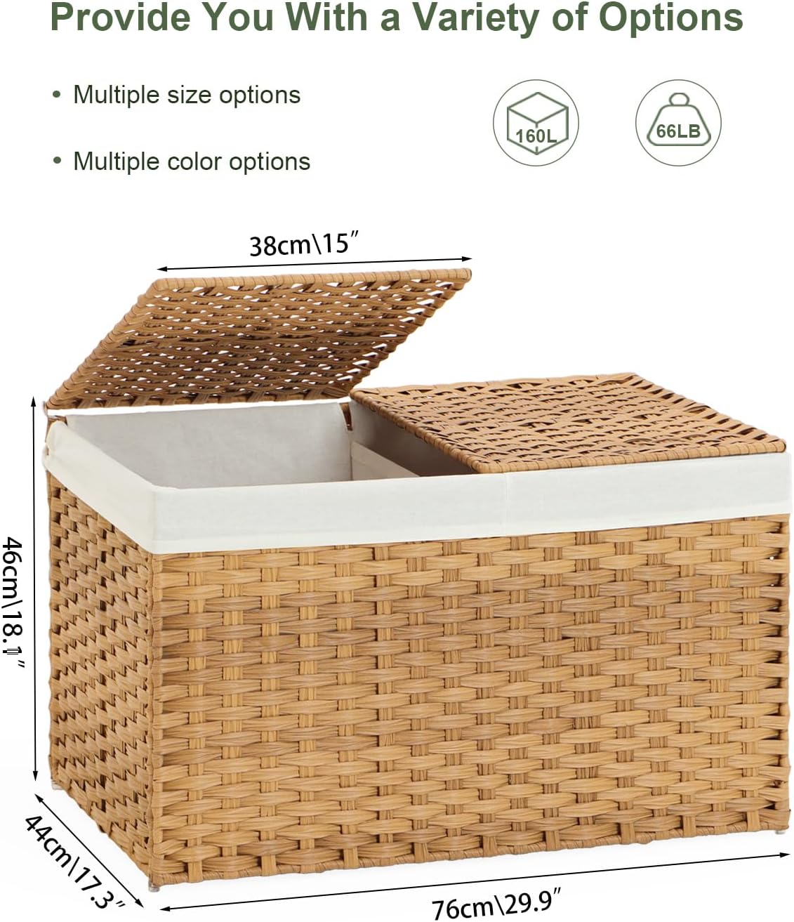 Storage Basket with Lid Wicker Baskets for Storage with 2 Separate Lid 42.3 Gallon (160 L) 29.9 x