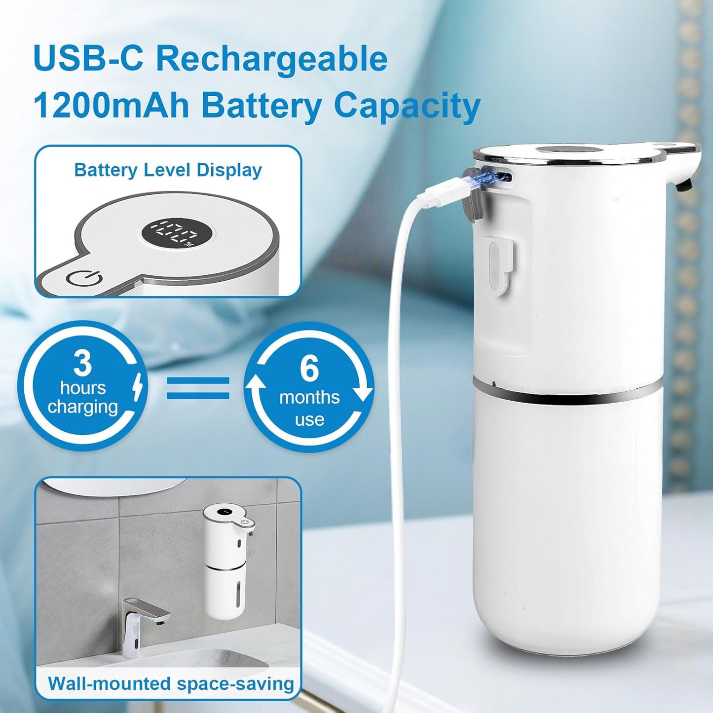 Automatic Liquid Soap Dispenser Touchless, USB Rechargeable Smart Hand Soap Dispenser, 6-Level