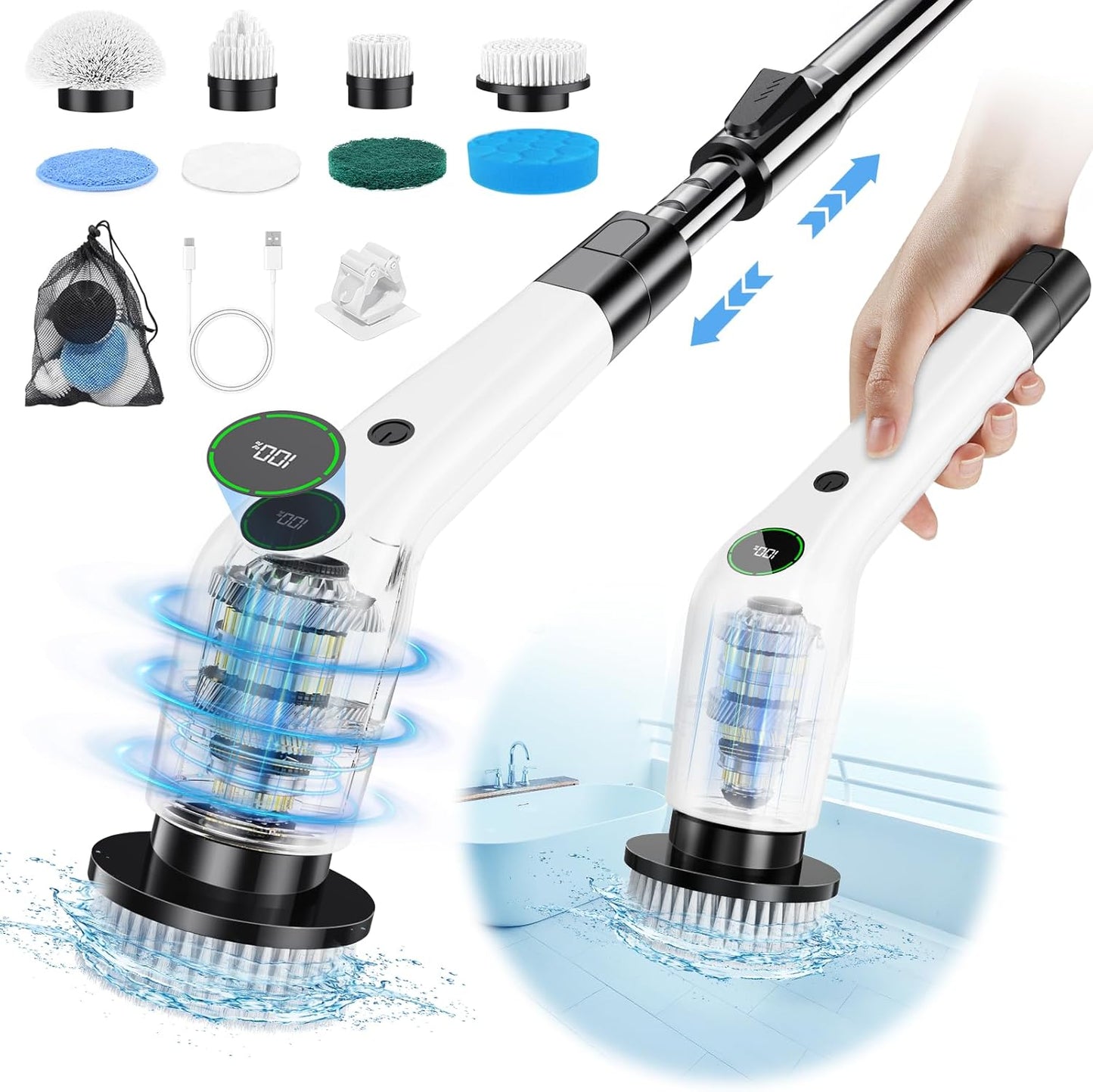 Electric Spin Scrubber, Cordless Shower Scrubber with 8 Scrub Brush, 2 Speed with Adjustable
