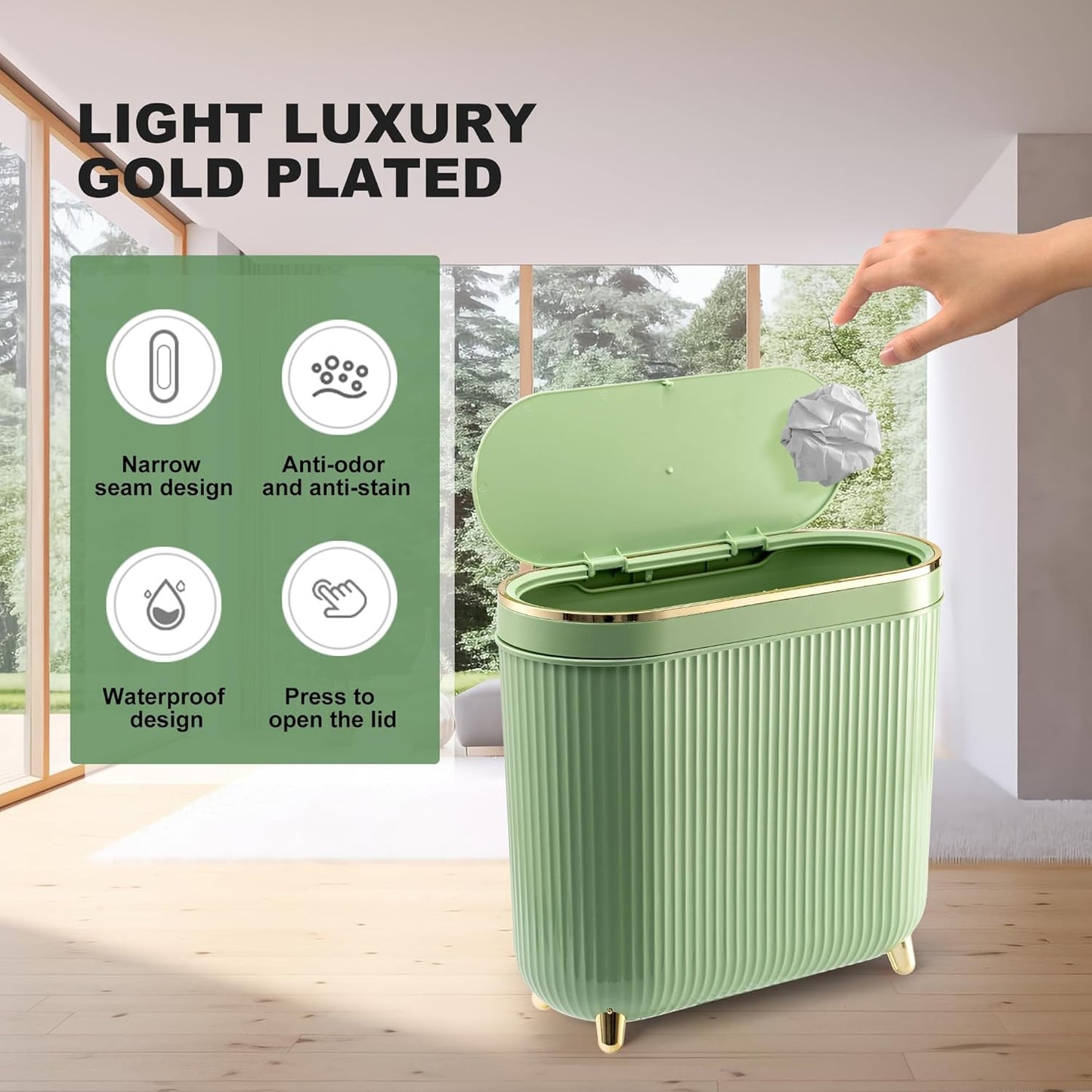 Bathroom Trash Can with Lid 3.2 Gallon Narrow Trash Can Small Plastic Trash Bin 12 Liter with Press
