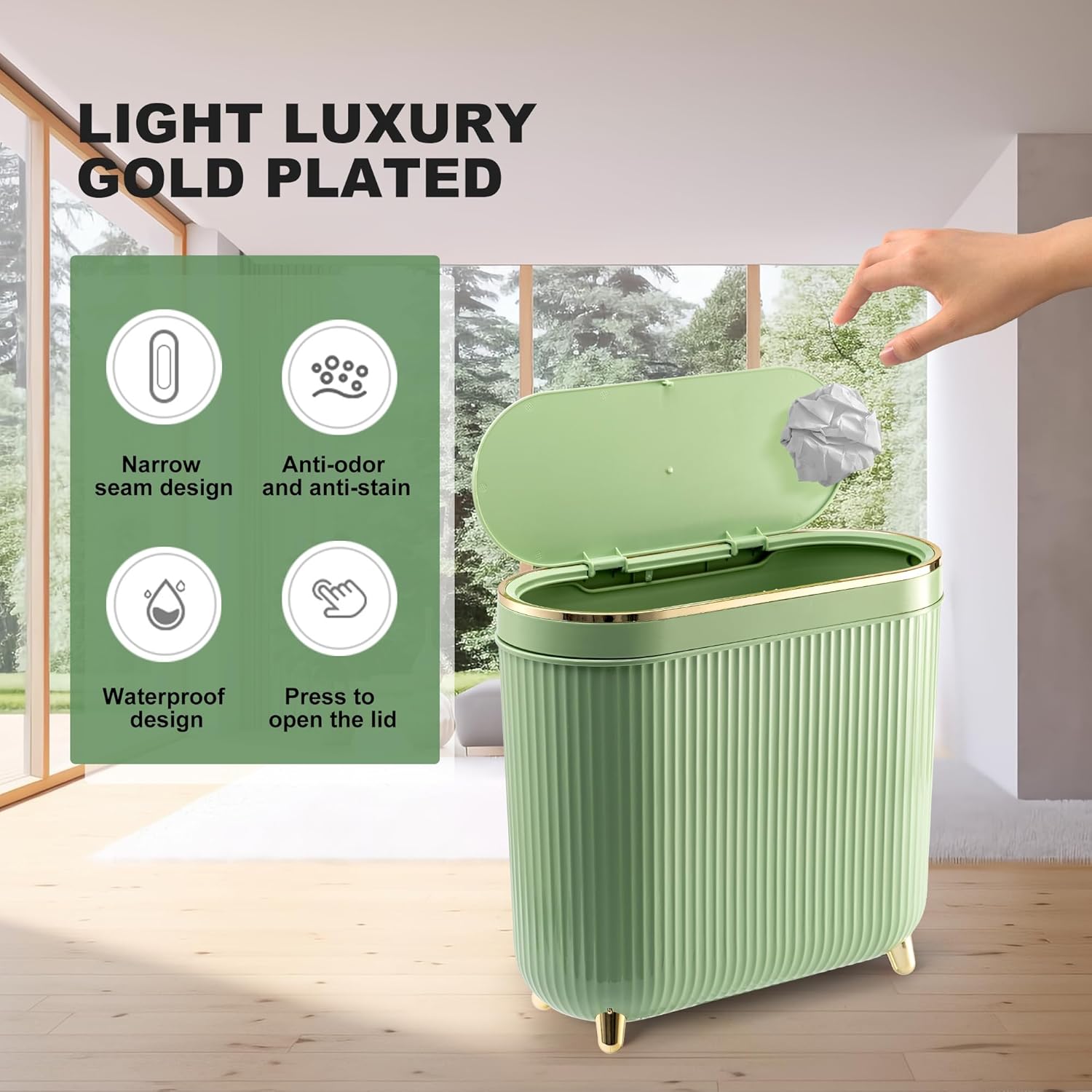 Bathroom Trash Can with Lid 3.2 Gallon Narrow Trash Can Small Plastic Trash Bin 12 Liter with Press