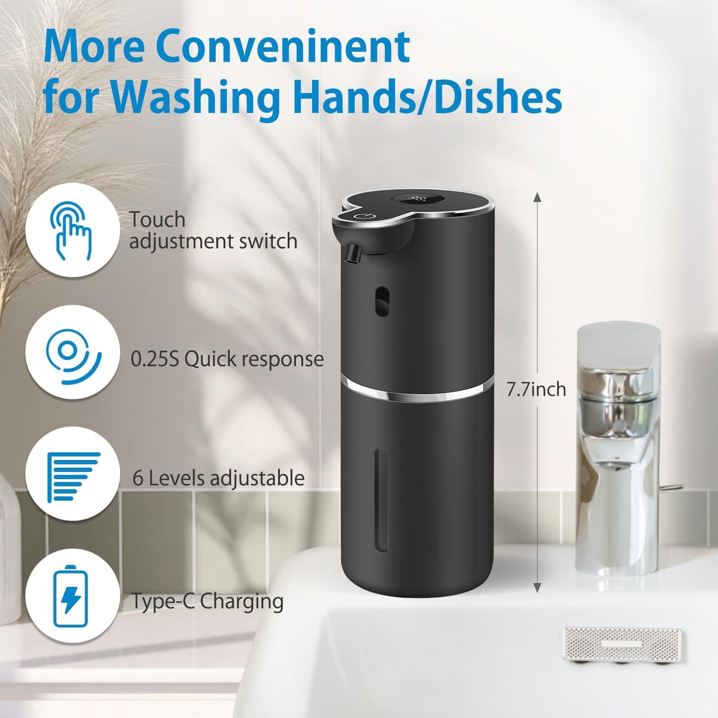 Automatic Liquid Soap Dispenser 12.8oz, Rechargeable & 6 Levels Soap Adjustable with Digital