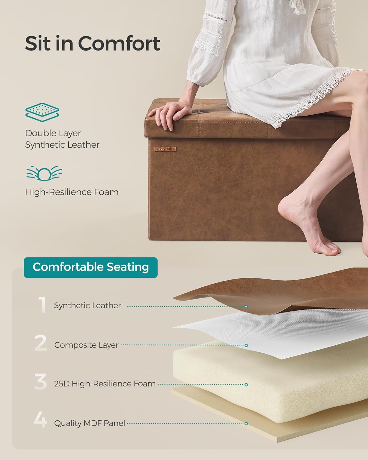 SONGMICS Mazie Collection - 30 Inches Folding Storage Ottoman Bench, Ottoman with Storage, Foot