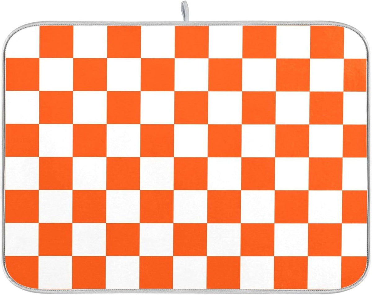 Burnt Orange Chessboard Dish Drying Mat for Kitchen Countertop 18x24 Plaid Checkered Rectangle