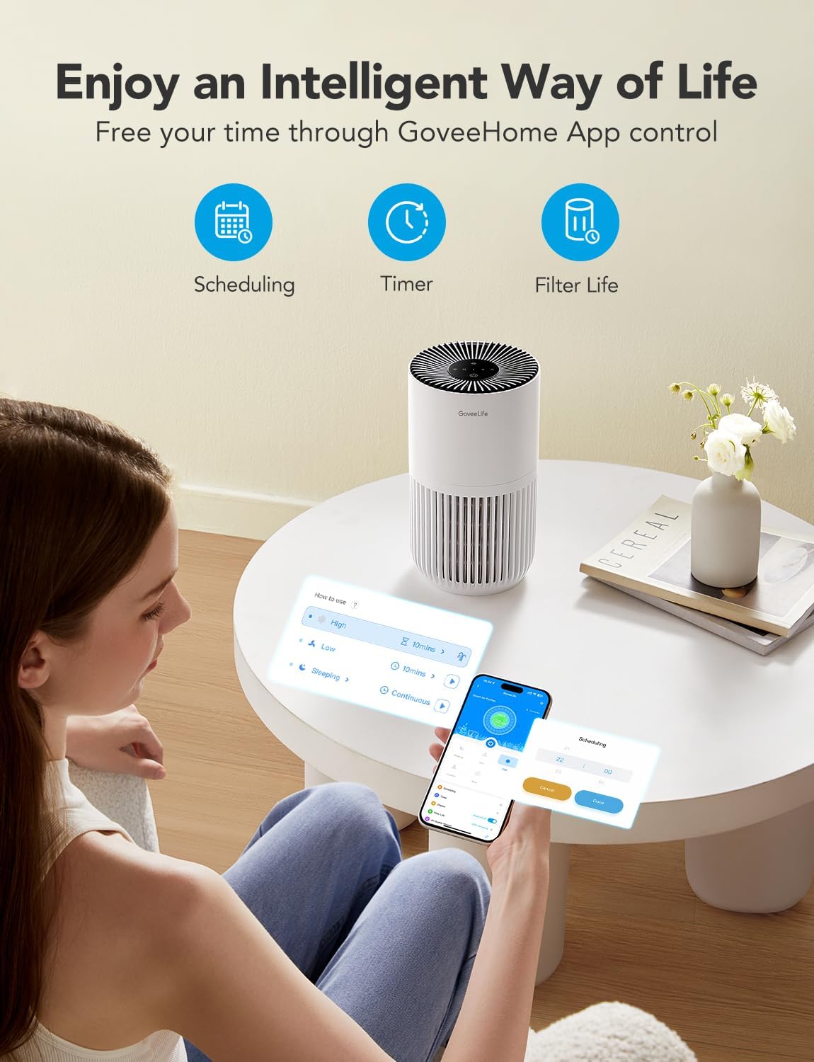 GoveeLife Mini Air Purifier for Bedroom, Smart Filter Air Purifier with App Alexa Control for Pet