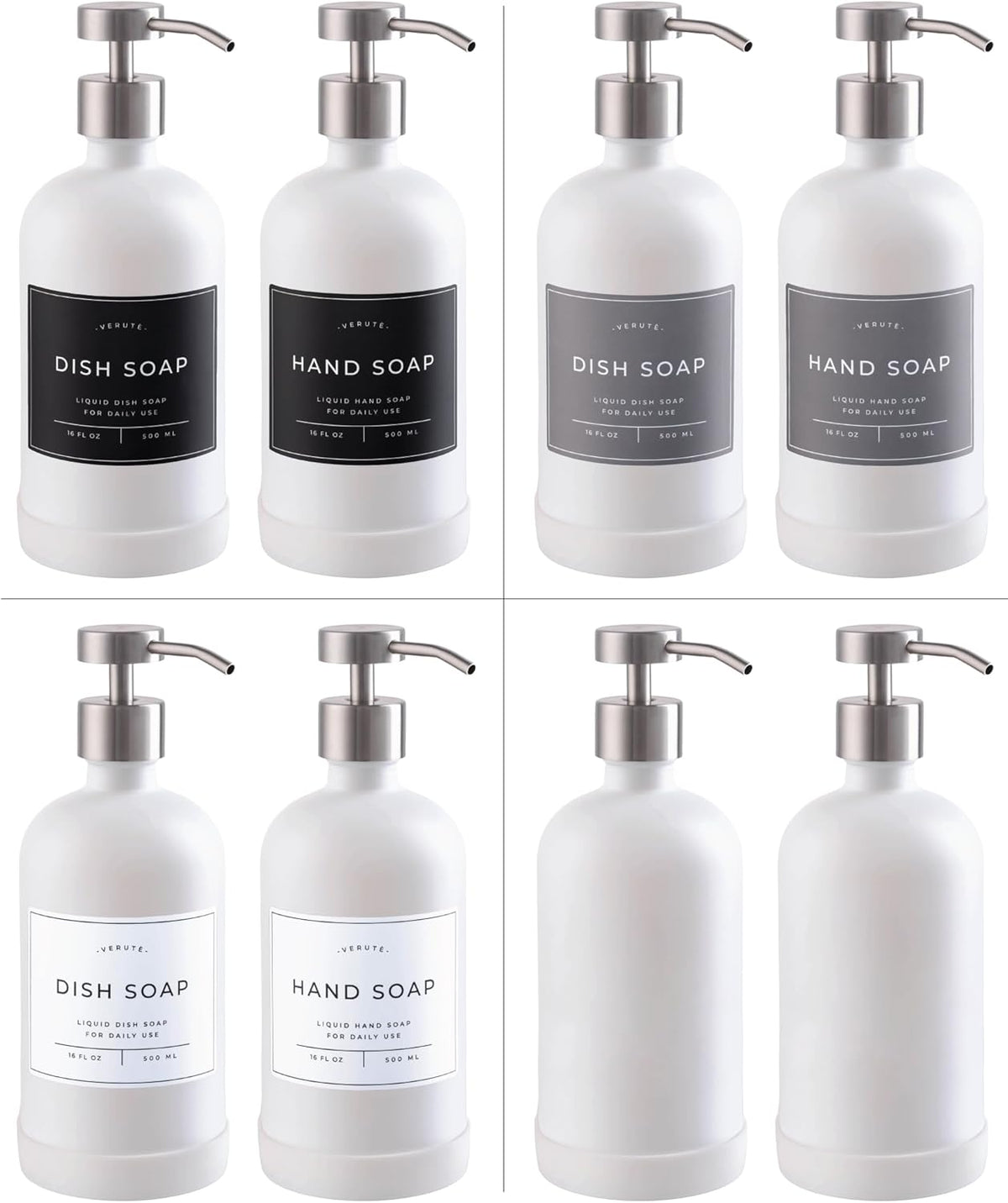 16oz Glass Soap Dispenser with Stainless Steel Pump, 21 Waterproof Labels, Non-Slip Protective