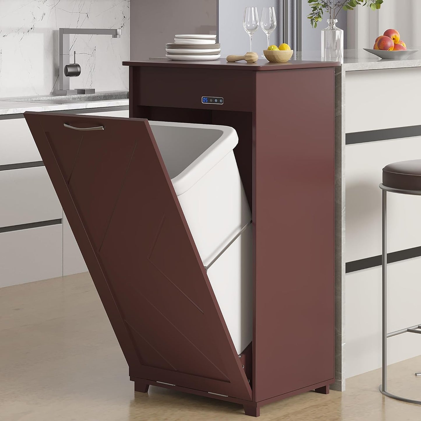 VECELO Tilt Out Kitchen Trash Bin Cabinet, Dog Proof Garbage Can with Wood Holder Free Standing