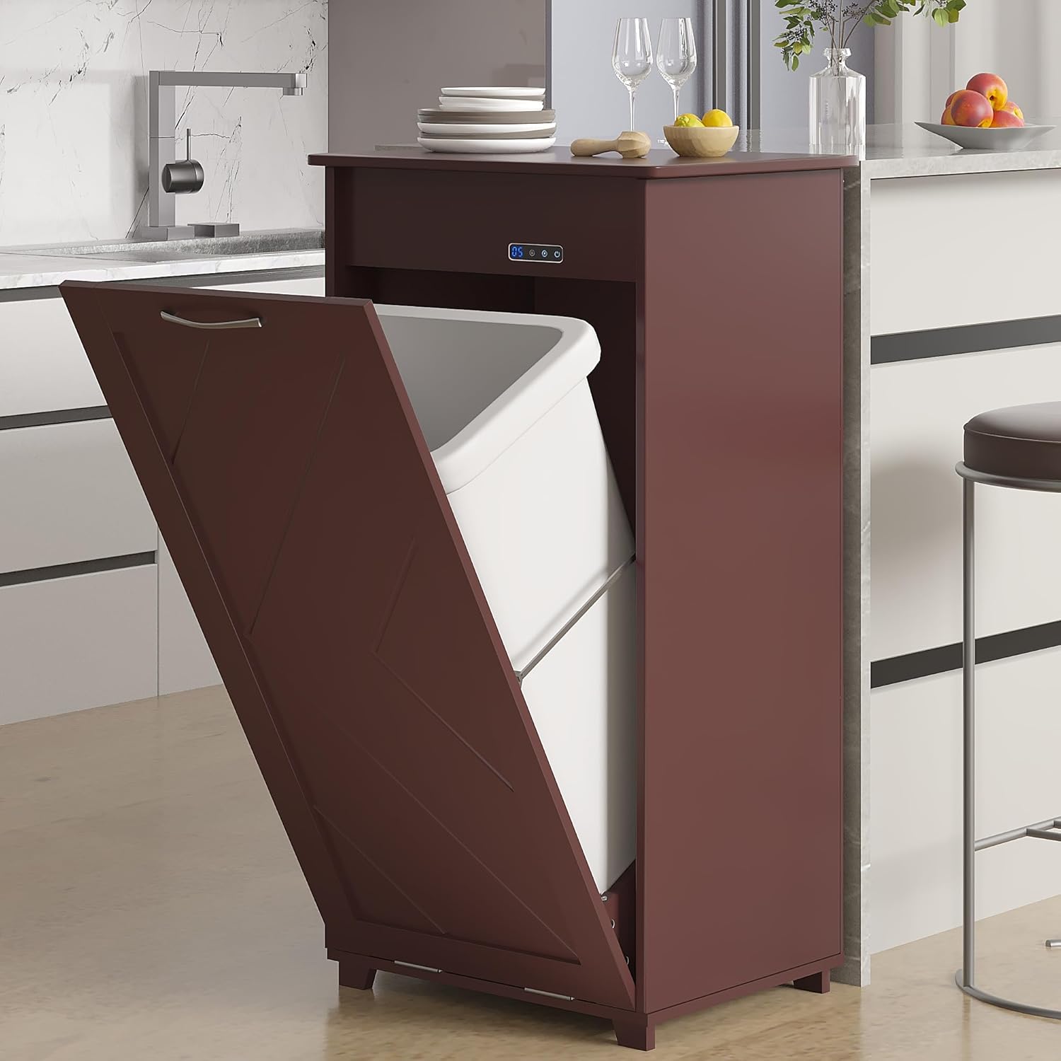VECELO Tilt Out Kitchen Trash Bin Cabinet, Dog Proof Garbage Can with Wood Holder Free Standing