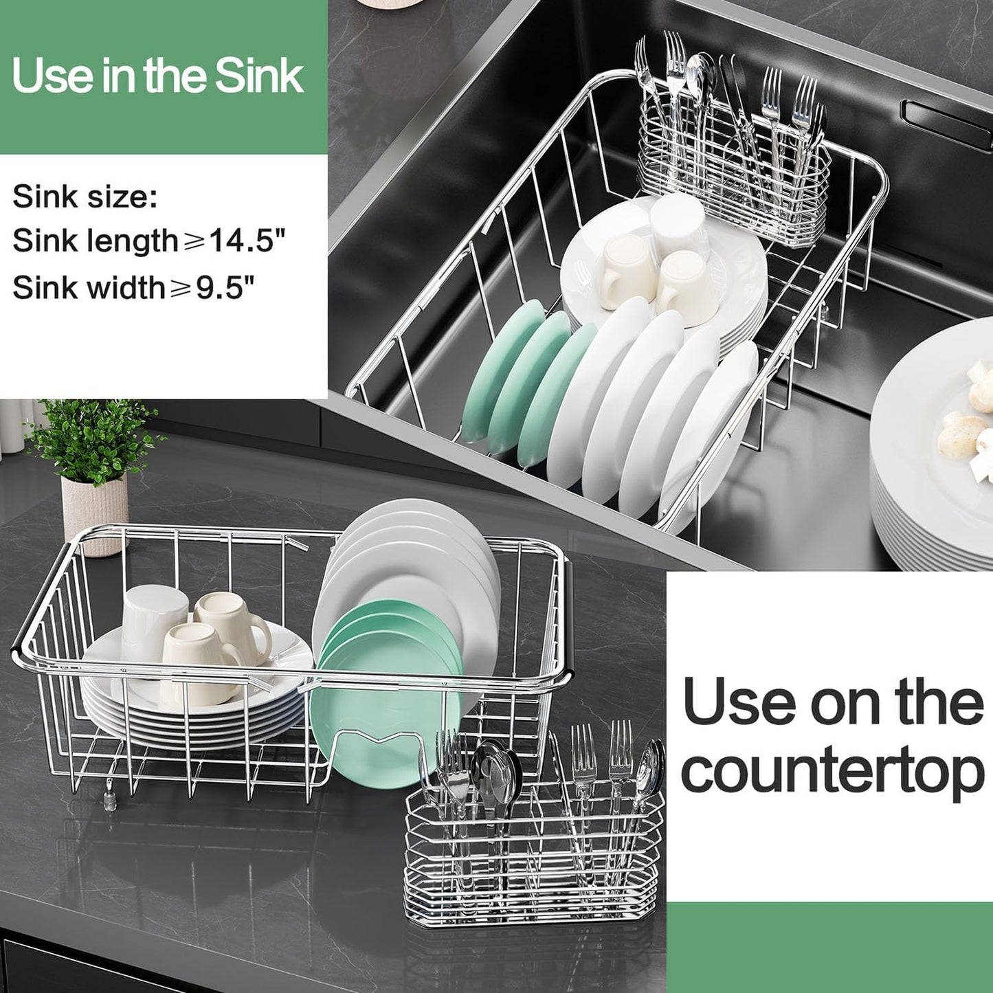 Dish Drainer Rack in Sink Adjustable, Expandable 304 Stainless Steel Metal Dish Drying Rack