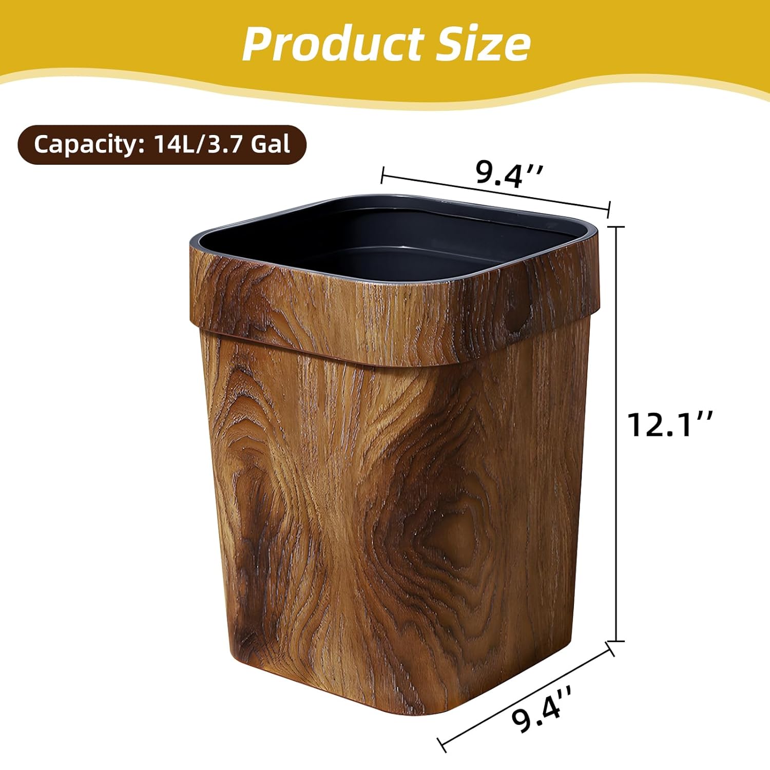 Wood Grain Plastic Trash Can Bedroom, Square 2-Pack, 3.7 Gal Farmhouse Wastebasket Bin Retro Style