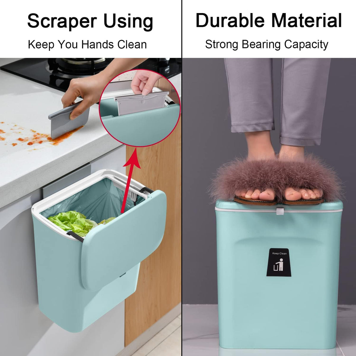 Tiyafuro 2.4 Gallon Kitchen Compost Bin for Counter Top or Under Sink, Hanging Small Trash Can with