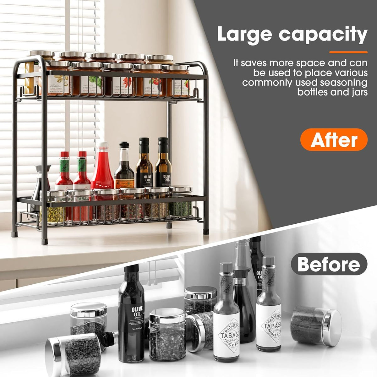 Spice Rack for Countertop, 2-Tier Standing Sturdy Metal Seasoning Organizer Holder, Space Saving