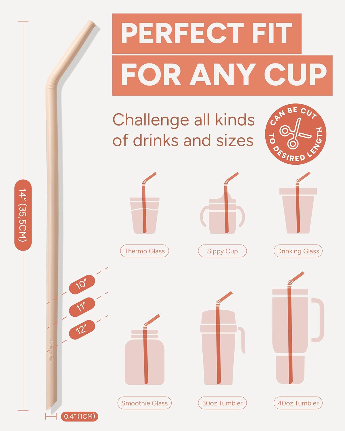 Nightingale 14” Silicone Tumbler Straws - Compatible with Stanley 40 oz cup - Reusable Flexible