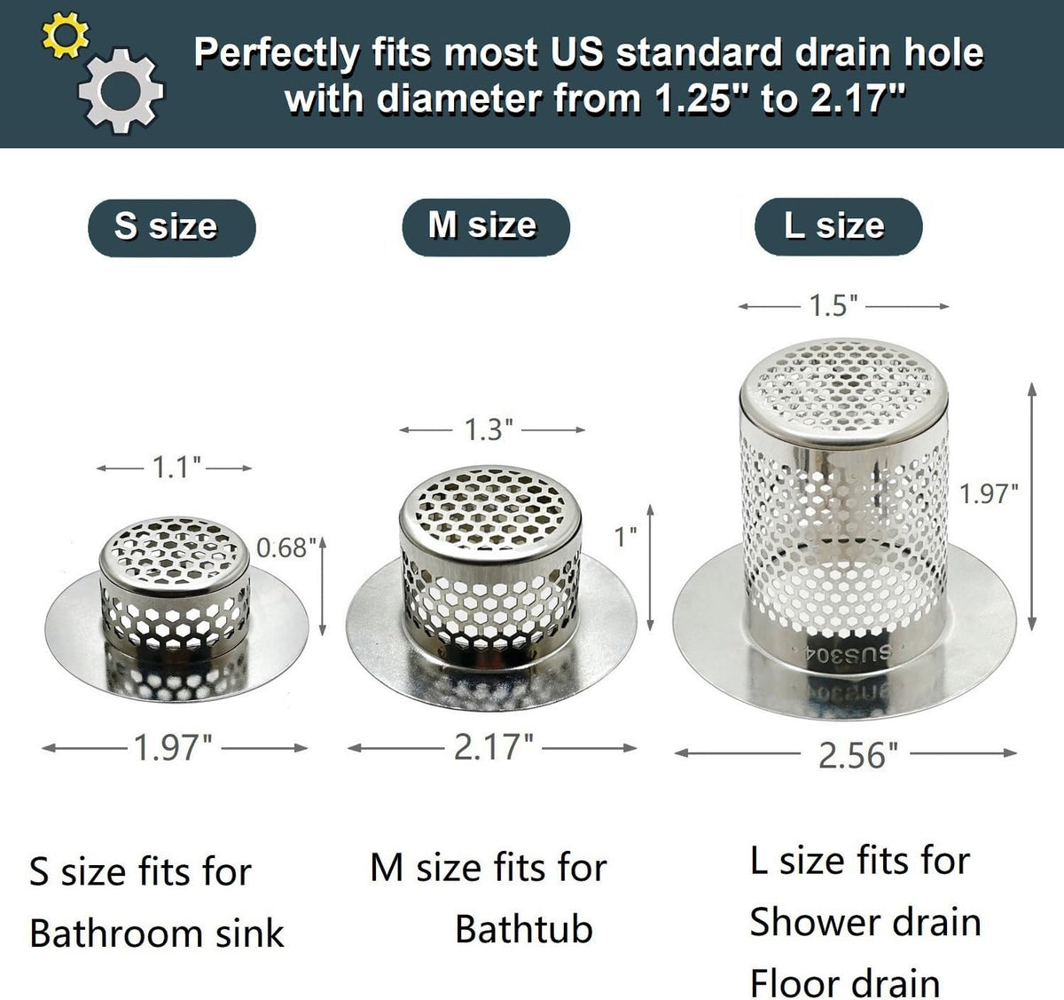 Bathroom Drain Strainers (Set of 3 Sizes), Hair Catcher for Bathroom Sink Bathtub Shower Floor