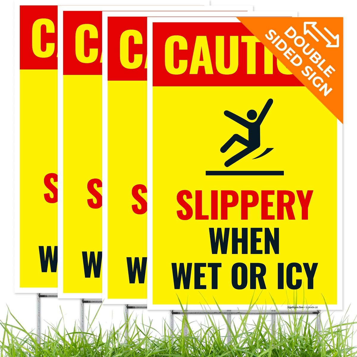 Caution Slippery When Wet or ICY Sign, (SI-84404) (4 Pack) Double Sided 12x18 Inches, Corrugated