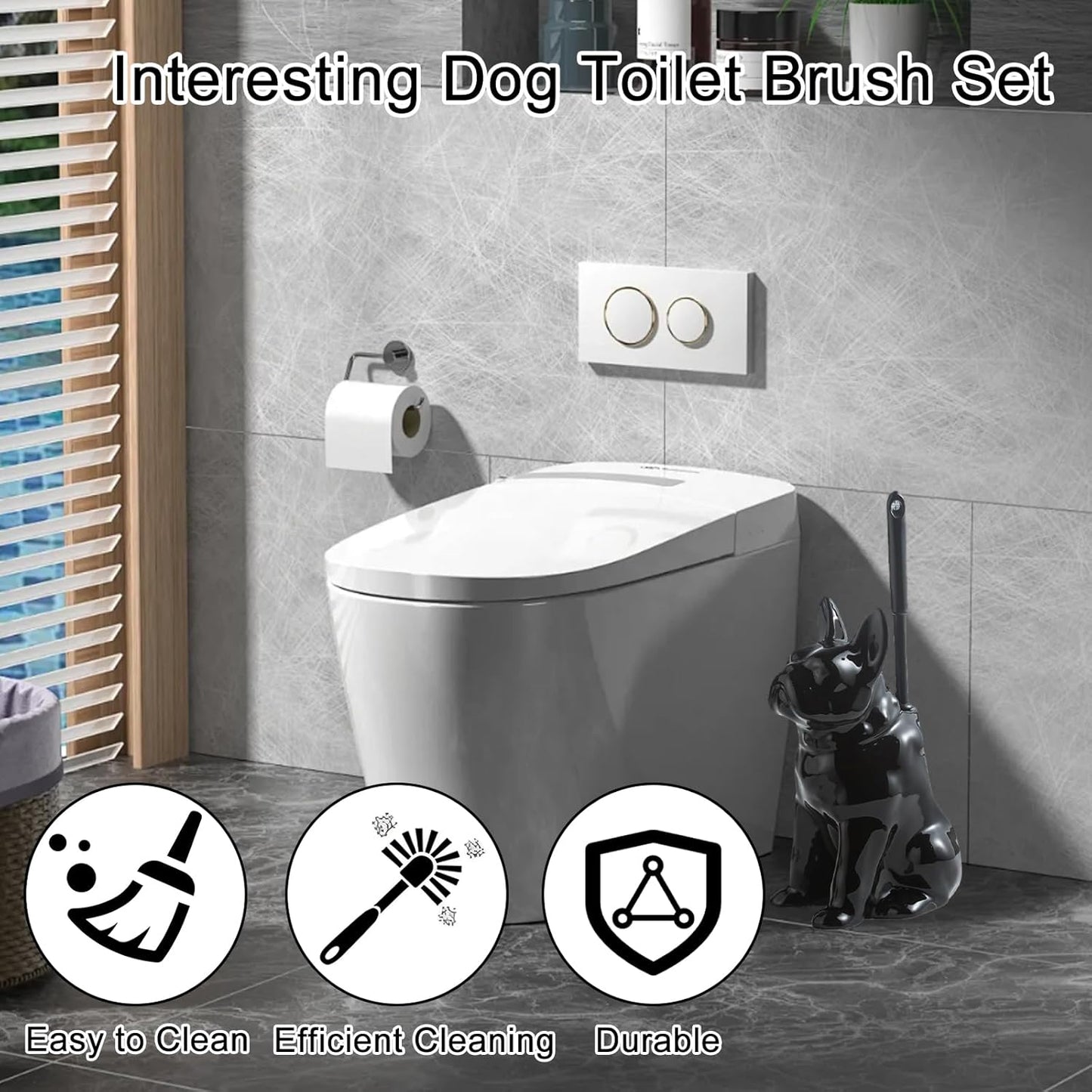 Comeon Ceramic Dog White/Black Toilet Brush and Holder Set, Plastic Handled Scrub Brush for