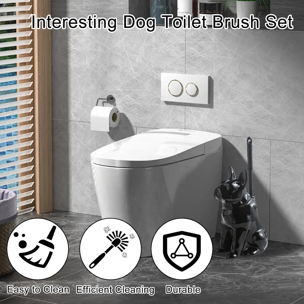 Comeon Ceramic Dog White/Black Toilet Brush and Holder Set, Plastic Handled Scrub Brush for