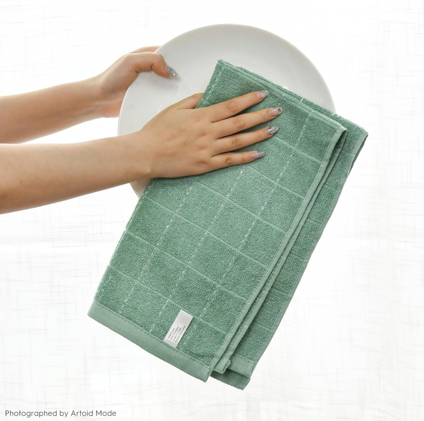Artoid Mode Checkered Designed Cotton Light Green Terry Kitchen Dish Towels, 15x25 Inch Soft