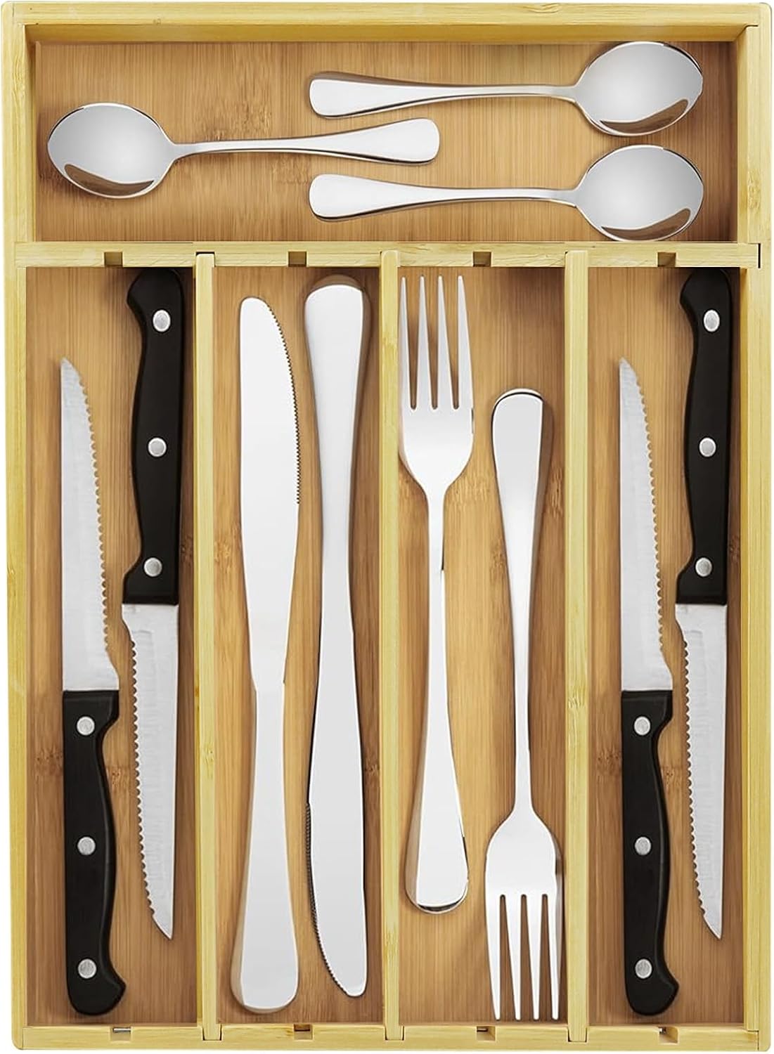 Kitchen Bamboo Drawer Organizer - 5 Slots Total Silverware Organizer for Flatware, Cutlery &
