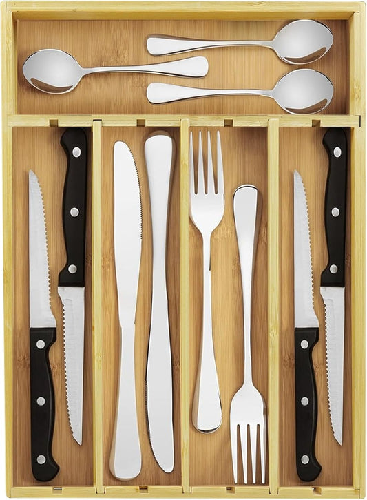 Kitchen Bamboo Drawer Organizer - 5 Slots Total Silverware Organizer for Flatware, Cutlery &