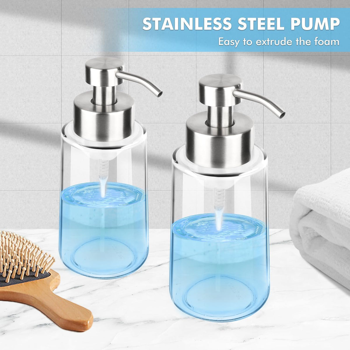 Thick Glass Soap Dispenser with Rust Proof Stainless Steel Pump, Clear Foam Soap Dispenser with