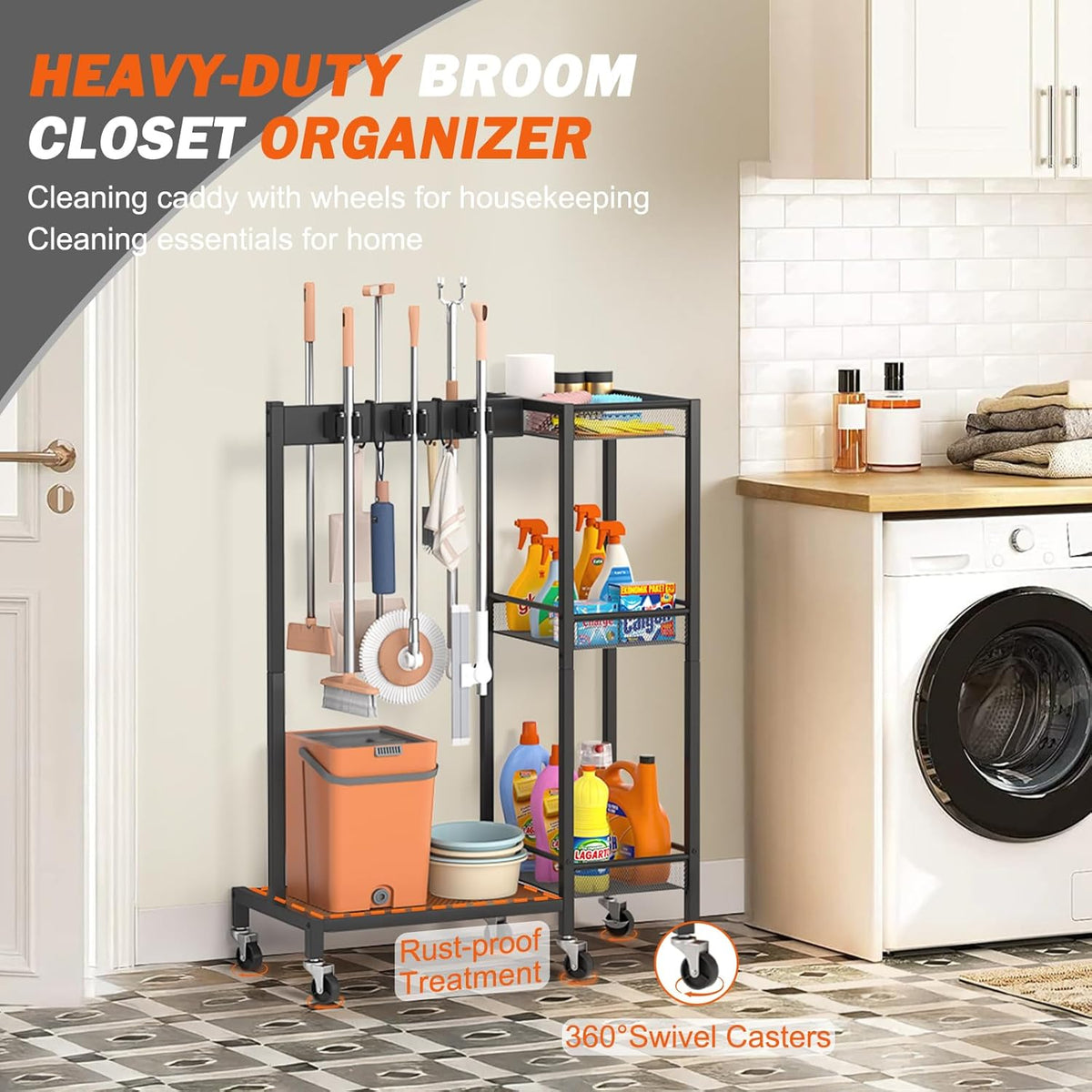 Broom Holder with Cleaning Supplies Organizer, Broom Closet Storage Cabinet with Cleaning Caddy