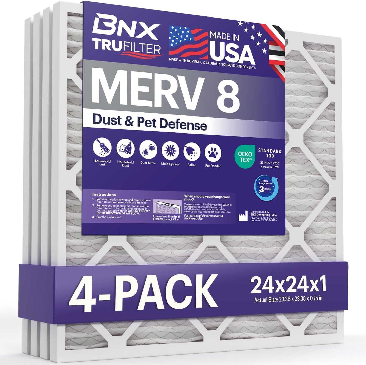 BNX TruFilter 24x24x1 Air Filter MERV 8 (4-Pack) - MADE IN USA – Air Conditioner HVAC AC Furnace