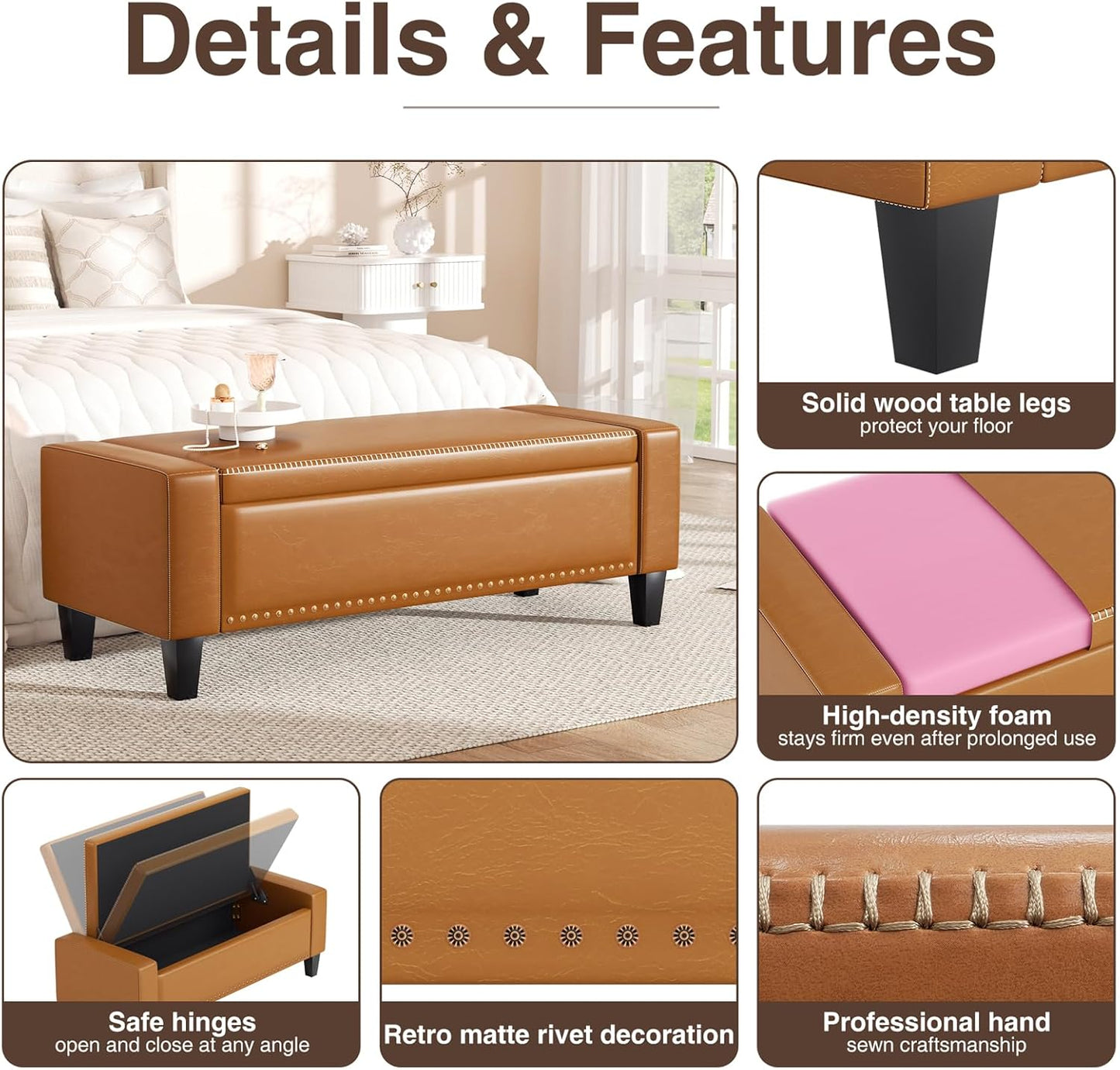 48.8" Storage Ottoman Bench Brown | Faux Leather Bedroom Bench with Lift Top for Living Room & Bed