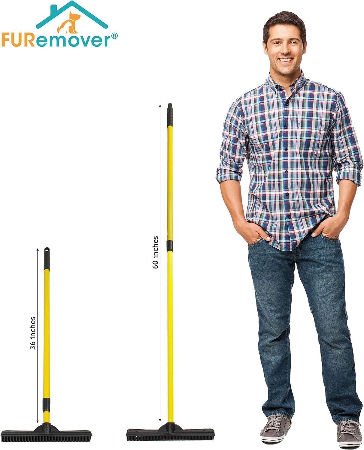 FURemover Original Pet Hair Rubber Broom with Squeegee, with 58” Telescopic Handle for Carpet, Tile