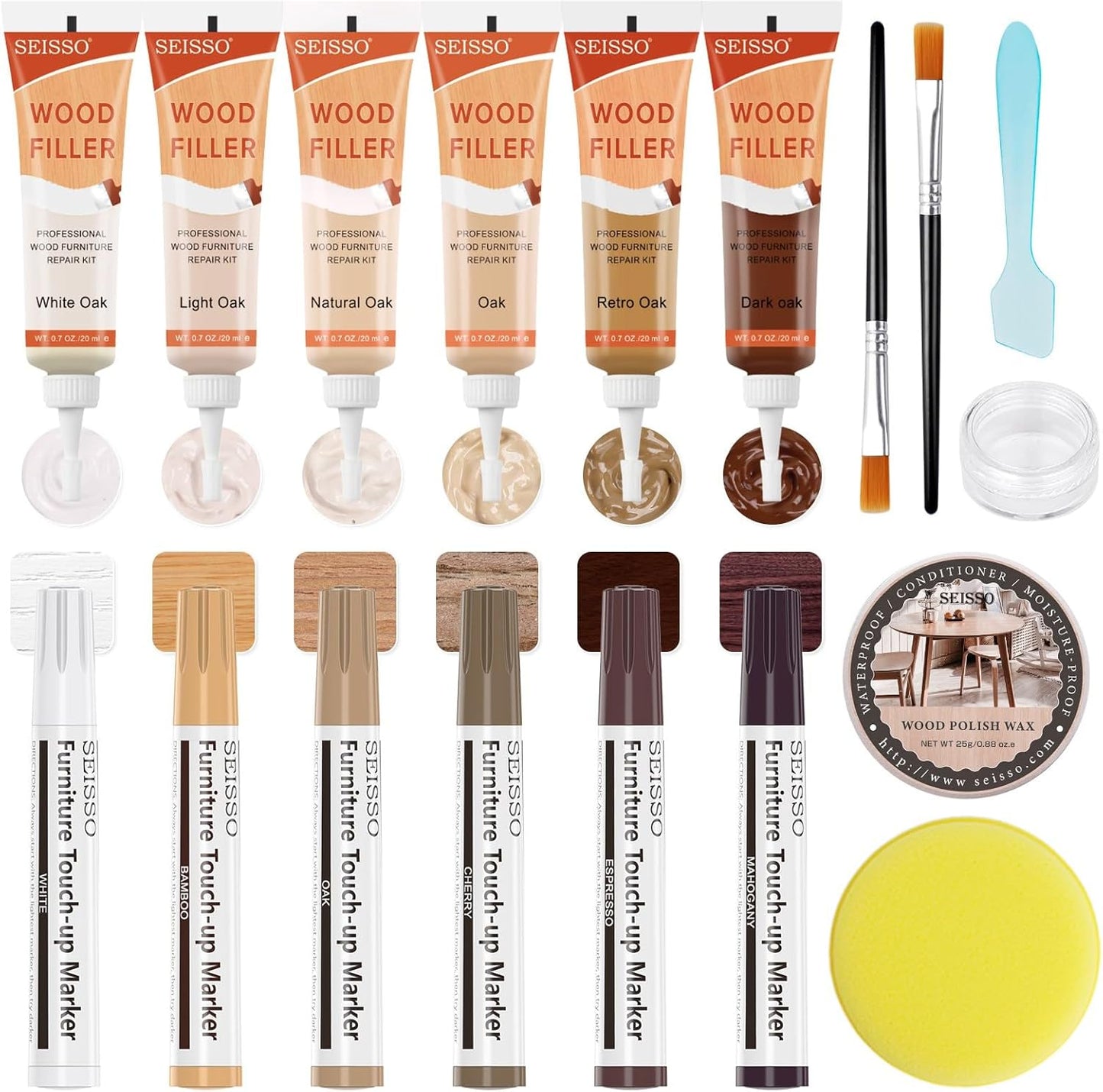 Wood Furniture Repair Kit - 6 Oak Color Wood Fillers with 6 Touch Up Markers and Wood Polish Wax