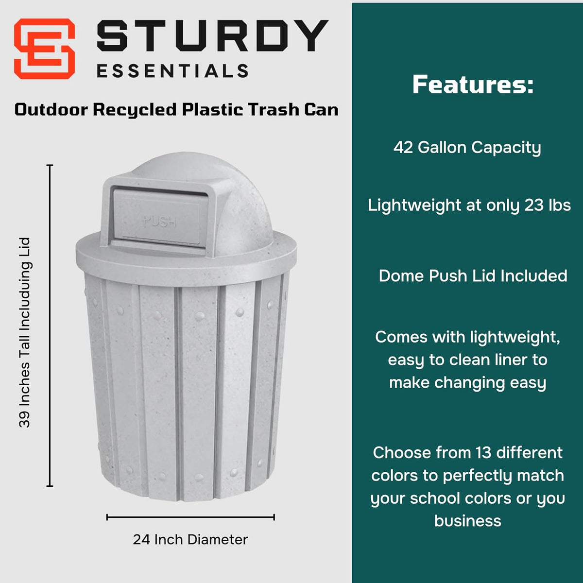 42 Gallon Slated Circle 100% Recycled Plastic Heavy Duty Outdoor Trash Can with Push Open Dome Lid