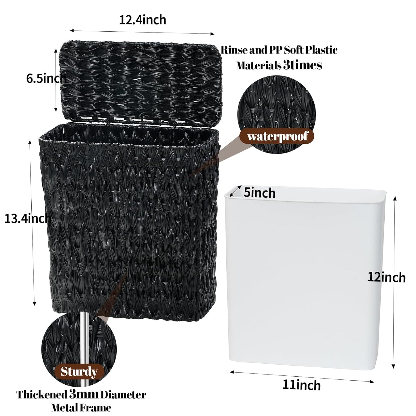 Black Wicker Trash Can with Lid and Liner,Waterproof Narrow Waste Basket for