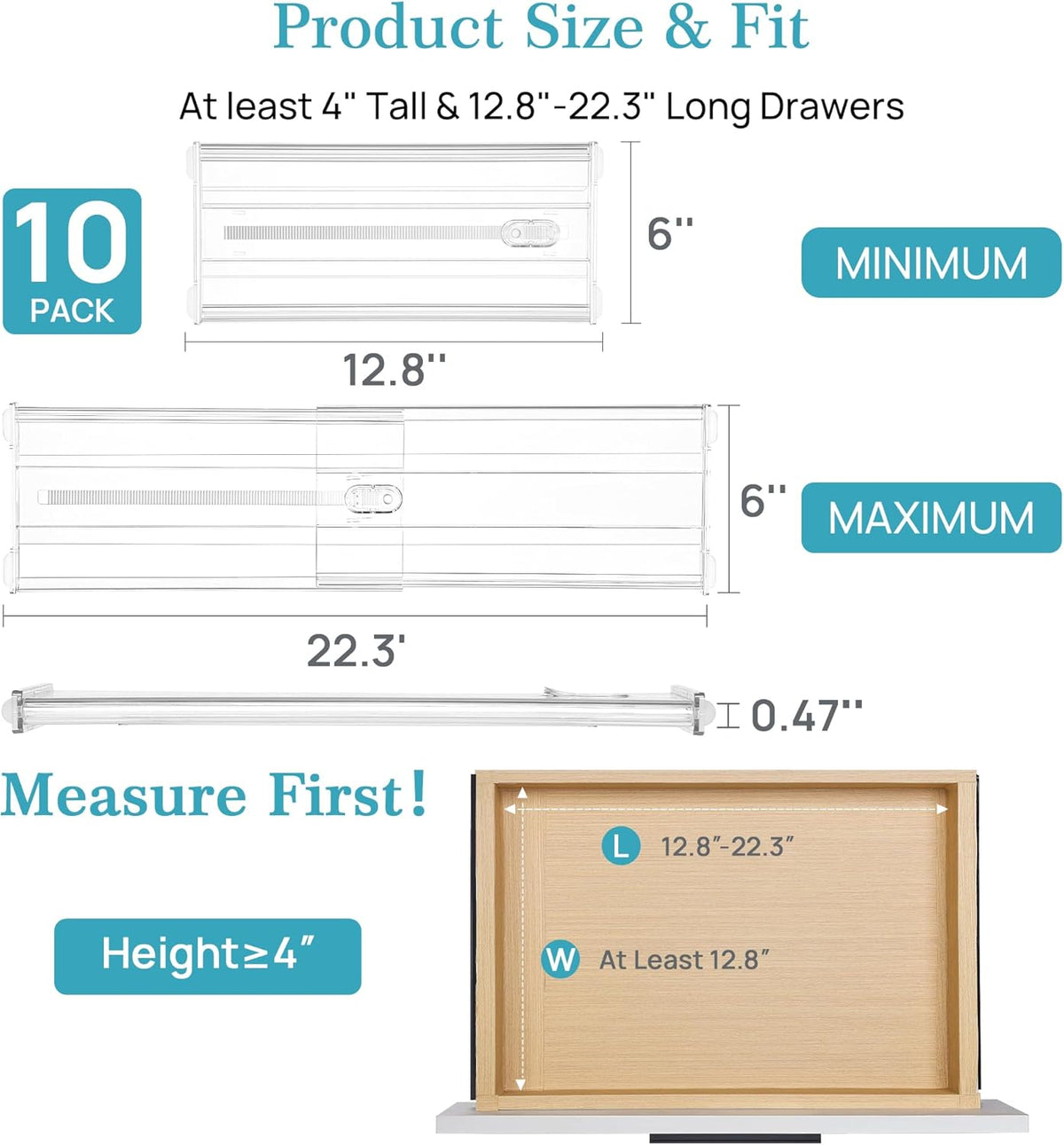 Vtopmart 10 Pack 6" Tall Upgrade Drawer Dividers for Big and Deep Drawer, 12.8"-22.3" Adjustable