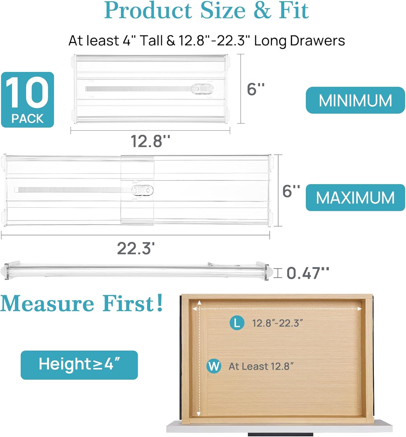 Vtopmart 10 Pack 6" Tall Upgrade Drawer Dividers for Big and Deep Drawer, 12.8"-22.3" Adjustable
