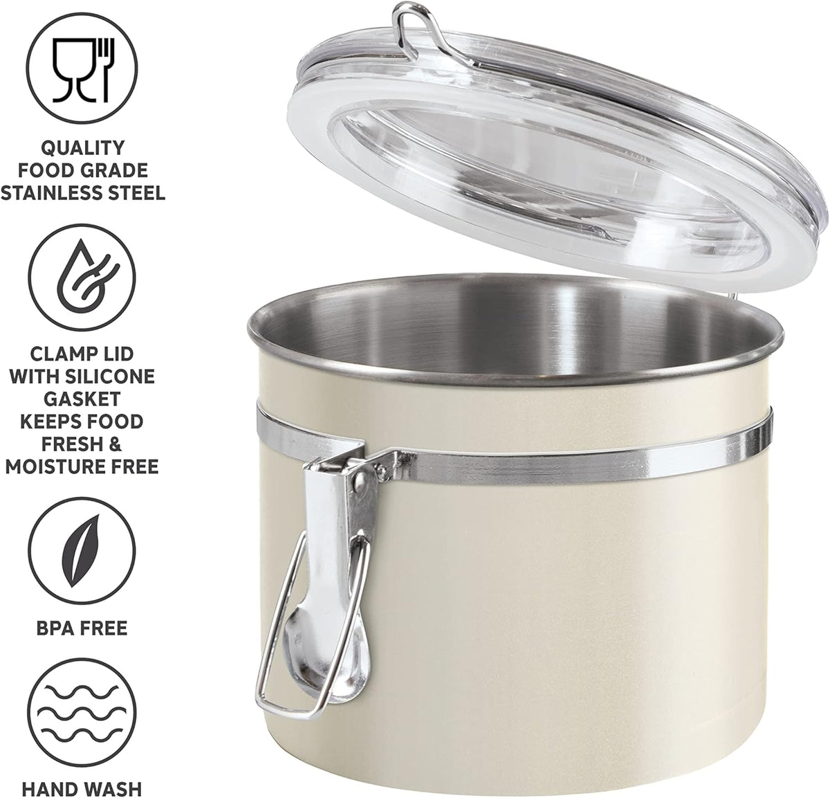 Oggi Stainless Steel Kitchen Canister 26 fl oz, Gray - Airtight Clamp Lid, Clear See-Thru Top