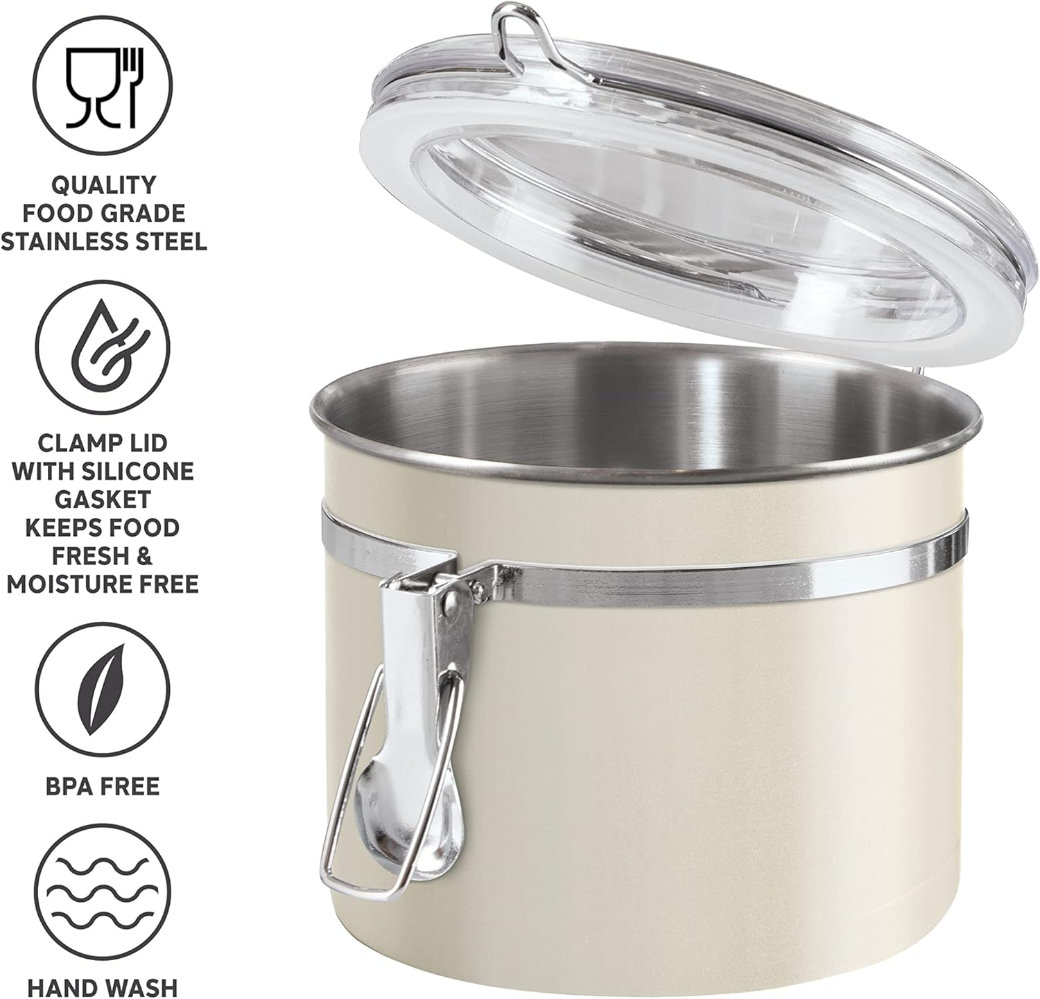 Oggi Stainless Steel Kitchen Canister 26 fl oz, Gray - Airtight Clamp Lid, Clear See-Thru Top
