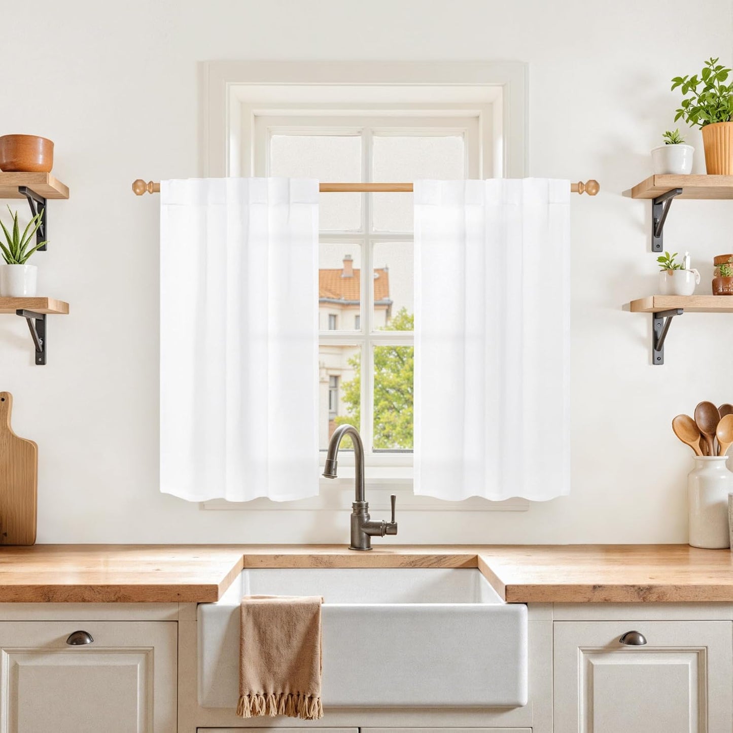 YoungsTex White Cafe Curtains 36 Inch Length for Window Over Sink - Linen Semi Sheer Drapes with
