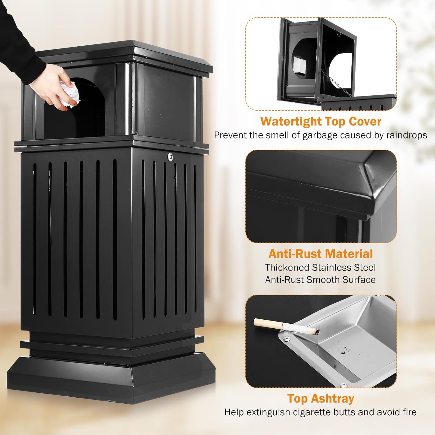 BEAMNOVA Black Trash Can Outdoor Top Tray Stainless Steel Commercial Garbage Enclosure with Locking