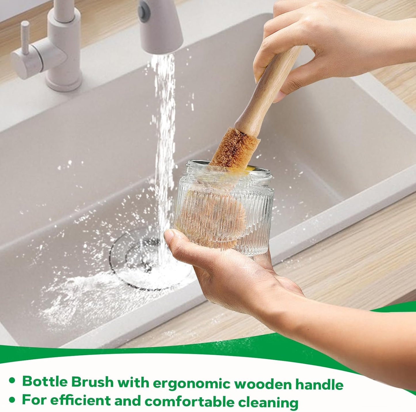 Bamboo Dish Brush Set - 5 Packs Natural Wooden Kitchen Brush, 4 Dish Scrubbers with One Replacement