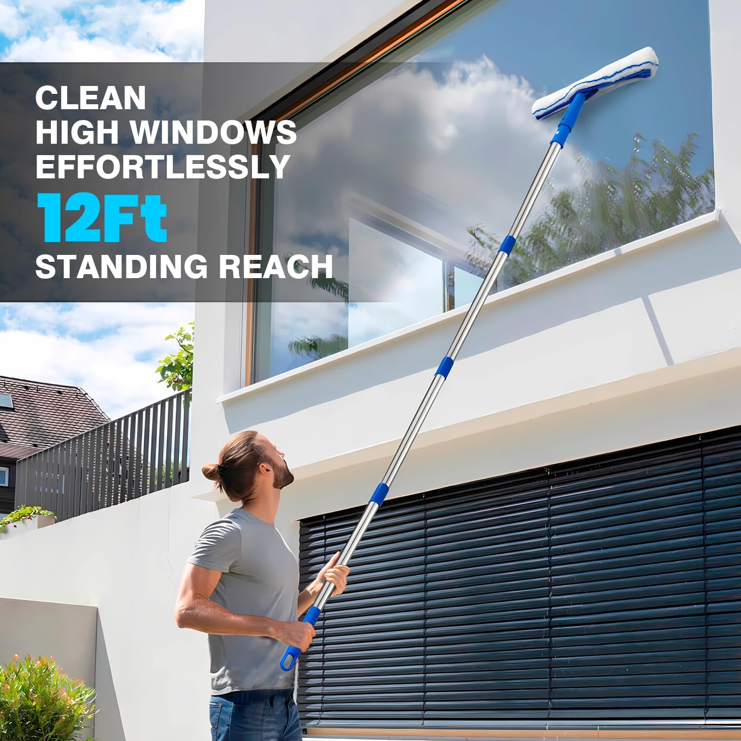 Squeegee for Window Cleaning, 14" Extra-Large Squeegee & Microfiber Scrubber Combi with 60"
