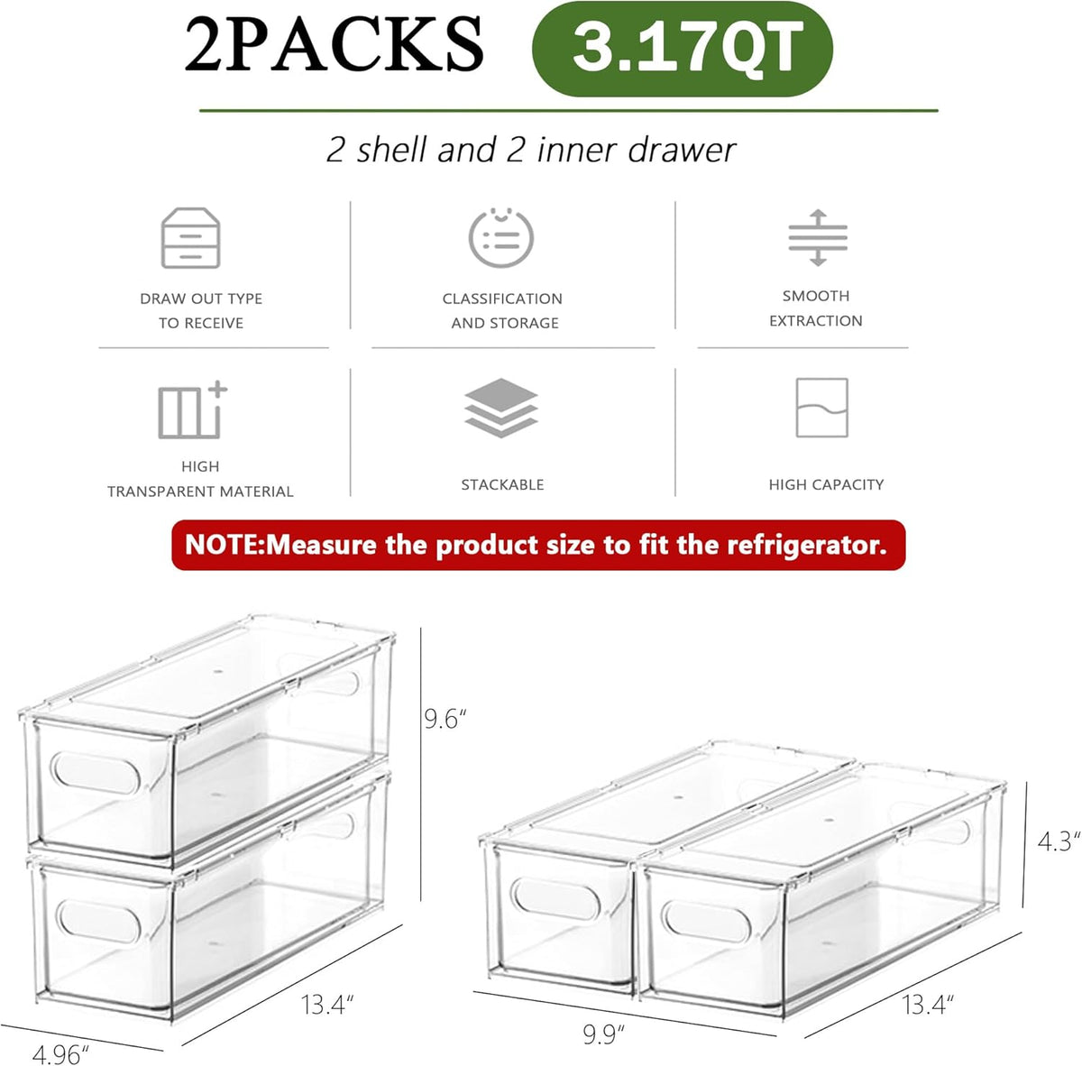 2 Pack Fridge Organizers and Storage with Pull out Drawer, Stackable Storage Drawer, Clear